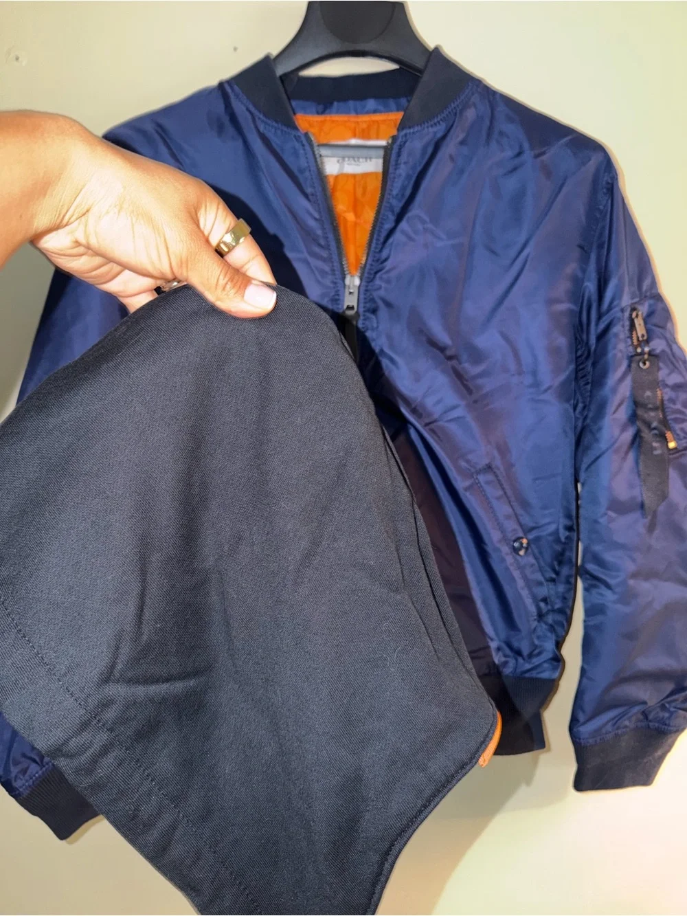 Coach Navy Bomber Jacket with Orange Lining Size M